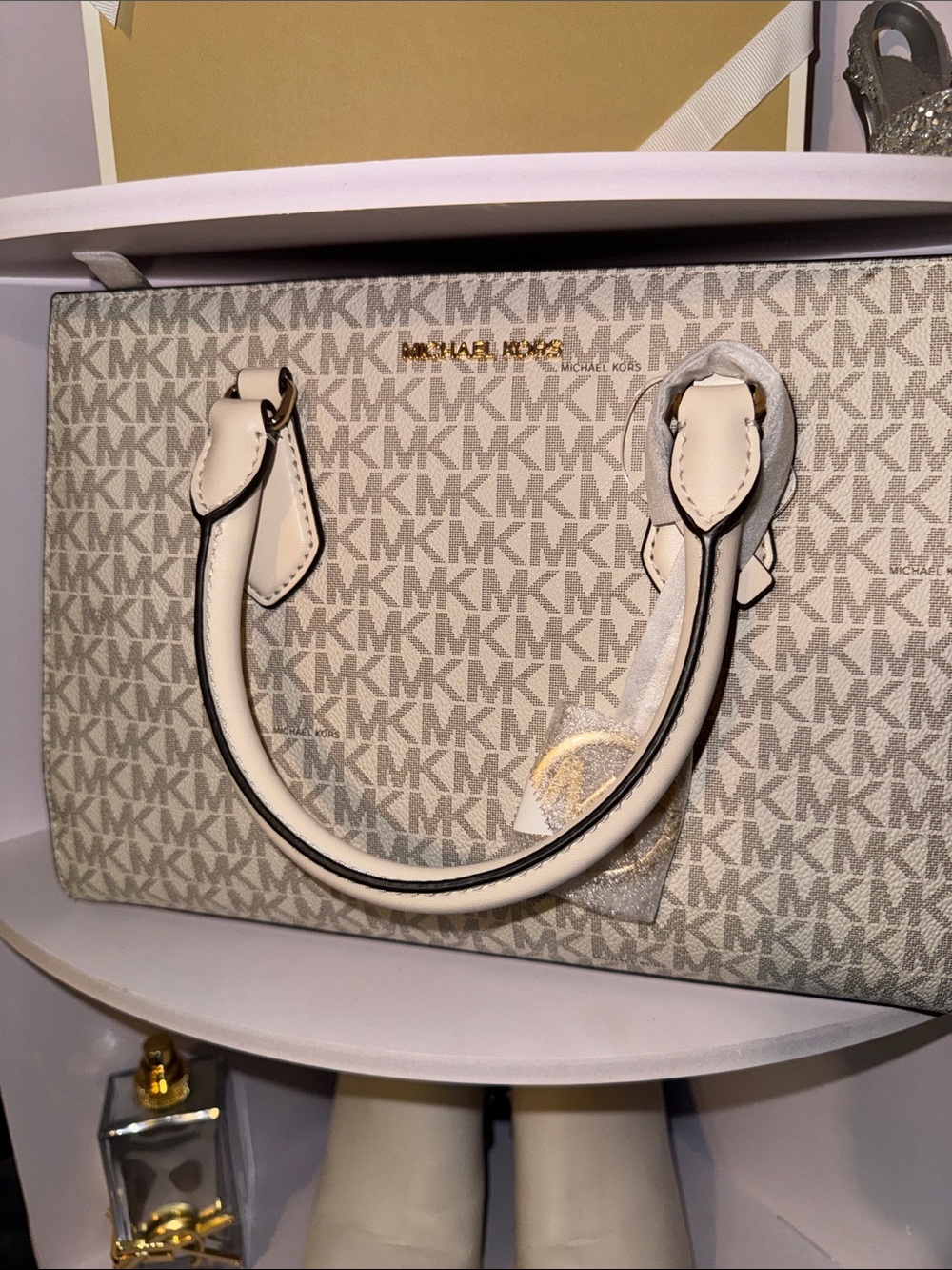 Michael Kors Beige & Cream Signature Satchel with Gold-Tone Logo